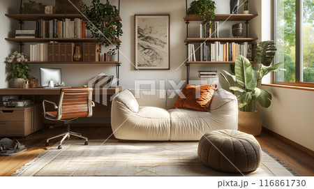 Cozy Home Office with Sofa and Bookshelves Cozy Home Office with Sofa and Bookshelves 116861730