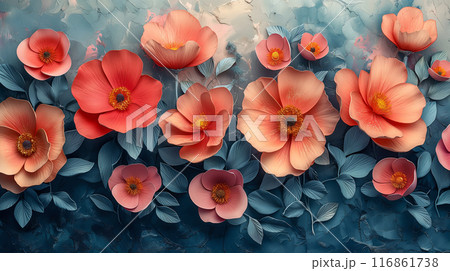 Elegant Coral Flowers on Textured Blue Background 116861738
