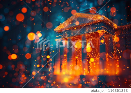 Classical building outline formed by sparkling orange lights against blue sky. 116861858