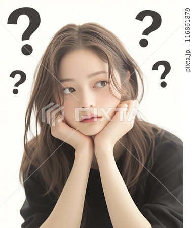 悩み事がある女性・ハテナマーク「AI生成画像」 悩み事がある女性・ハテナマーク「AI生成画像」 116861879