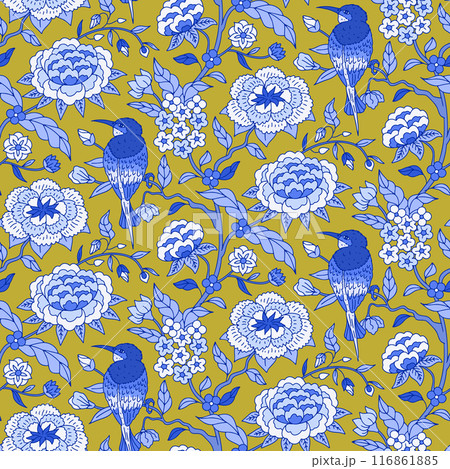 Seamless pattern with monochrome blue chinoiserie hand drawn flowers and birds motifs 116861885