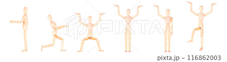 Assortment of wooden mannequins in different stances, isolated on white backdrop Assortment of wooden mannequins in different stances, isolated on white backdrop 116862003