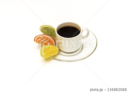 A cup of coffee and marmalade on a saucer on a white background 116862088