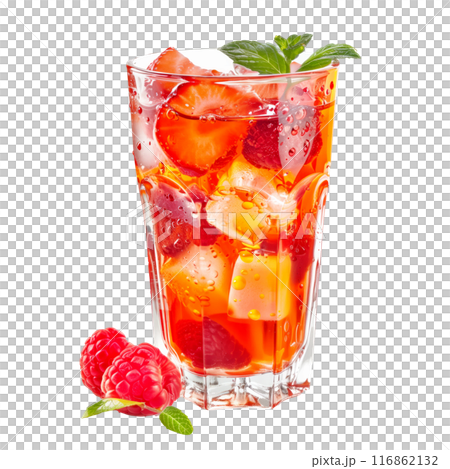 Savor a refreshing iced raspberry beverage with fruit and mint under the warm summer sun 116862132
