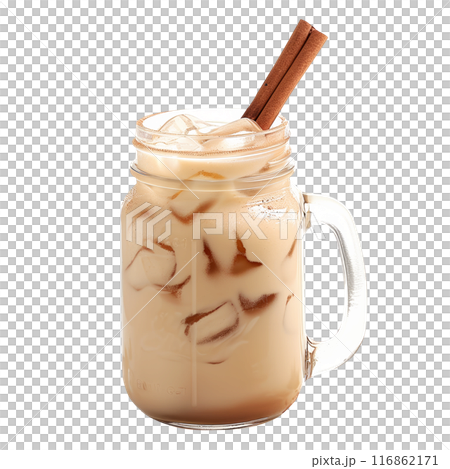 Refreshing summer drink horchata almond milk, iced coffee with milk and ice cubes isolated on white transparent 116862171