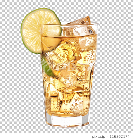 Ginger ale with ice cubes and lime at the rim isolated on white transparent background. 116862174