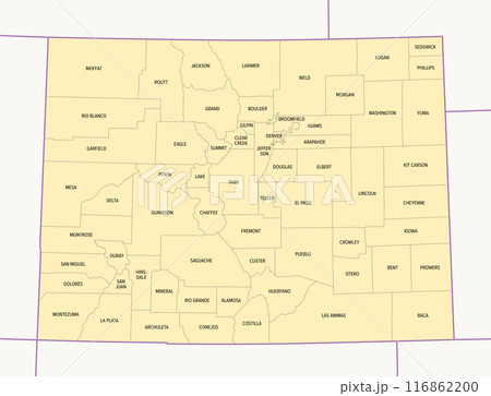 Colorado counties, political map with borders and county names. State in the Mountain West subregion of the United States, subdivided into 64 counties. Nicknamed The Centennial State. Illustration 116862200
