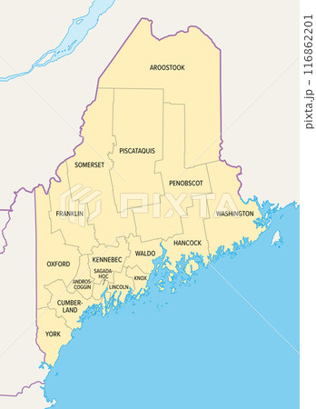 Maine counties, political map with borders and county names. State in the New England region of the United States, subdivided into 16 counties. Nicknamed The Pine Tree State, or also Vacationland. 116862201