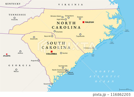 The Carolinas or Carolina, the U.S. states North Carolina and South Carolina, political map, with borders and capitals Raleigh and Columbia. Bordered by Virginia, Tennessee, Georgia, and the Atlantic. 116862203