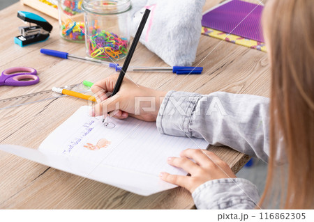 The student draws with crayons in the teddy bear school notebook as the subject of today's lesson. 116862305