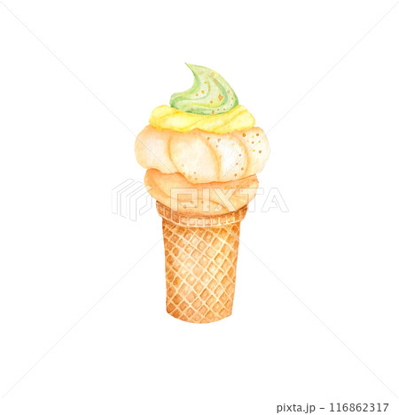 Sea buckthorn ice cream Realistic summer ice cream cone isolated on white background Mousse of buckthorn berries, botanical watercolor illustration  116862317