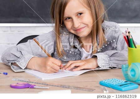 The student draws with crayons in the teddy bear school notebook as the subject of today's lesson. The student draws with crayons in the teddy bear school notebook as the subject of today's lesson. 116862319
