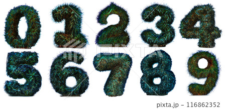 Fluffy fur iridescent green signs of numbers from 0 to 9, isolated on transparent background, design elements 116862352