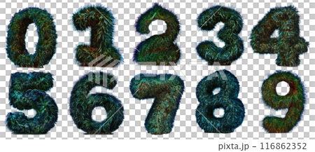 Fluffy fur iridescent green signs of numbers from 0 to 9, isolated on transparent background, design elements 116862352