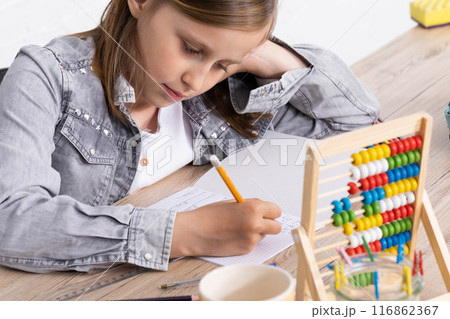 The girl solves the task given in the classroom. The schoolgirl diligently writes in a notebook. The girl solves the task given in the classroom. The schoolgirl diligently writes in a notebook. 116862367