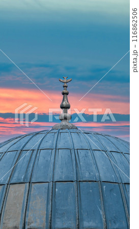 Dome of Suleymaniye Mosque with dramatic sunset, Eminonu, Istanbul, Turkey 116862506