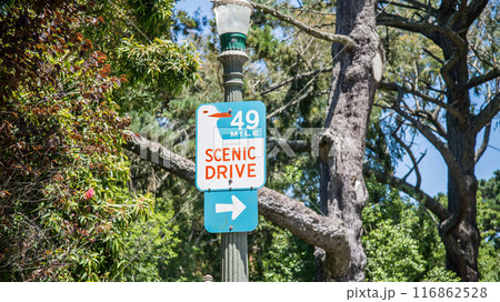 San Francisco sign of scenic drive 49 mile. Road sign for Scenic Drive County Road hanging on a light pole. San Francisco sign of scenic drive 49 mile. Road sign for Scenic Drive County Road hanging on a light pole. 116862528