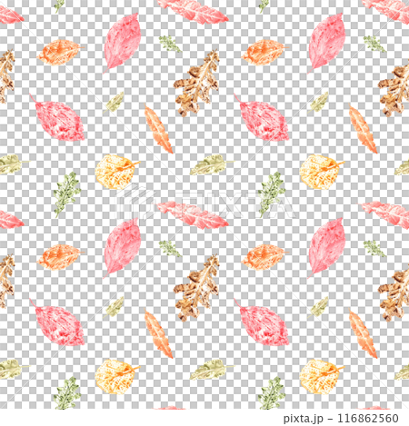 Autumn leaves in red, orange, yellow and green hues. Imprint of dried leaves. Watercolor leaf pattern in warm, earthy tones. Seamless ornate. For seasonal designs, wallpapers, textiles and invitations 116862560