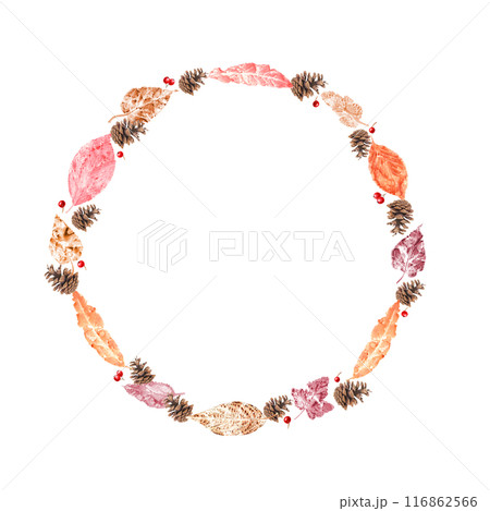 Autumn leaves, pinecones and red berries. Wreath of autumn forest elements. Fall dry leaves, cones. Watercolor leaf ornate in warm, earthy tones. Hand drawn illustration for greetings, invitations 116862566