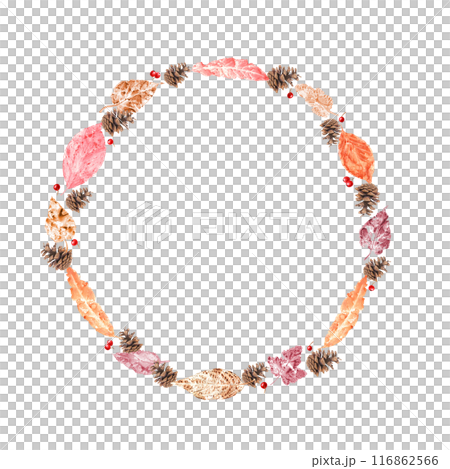 Autumn leaves, pinecones and red berries. Wreath of autumn forest elements. Fall dry leaves, cones. Watercolor leaf ornate in warm, earthy tones. Hand drawn illustration for greetings, invitations 116862566