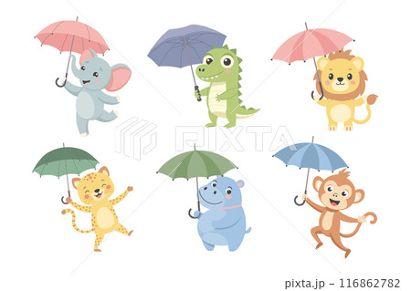 Cute African animals with umbrellas kids set. Jungle Wild animals kids collection. Autumn cards, stickers. Cute African animals with umbrellas kids set. Jungle Wild animals kids collection. Autumn cards, stickers. 116862782