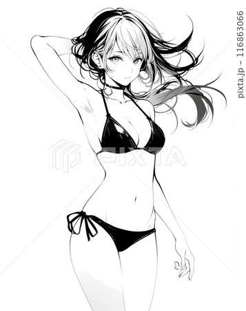 オリジナル 手書き イラスト A4 黒いマイクロビキニの女の子 ピンクヘア