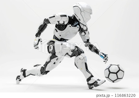 Futuristic Robot football player plays in soccer ball, isolated on white background 116863220