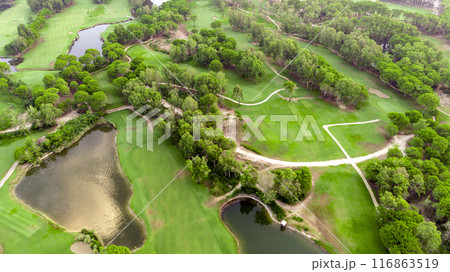 Aerial view of golf course at sunset with beautiful trees, pond and sand traps. Scenic panoramic view of golf fairway with bunkers. Aerial view of golf course at sunset with beautiful trees, pond and sand traps. Scenic panoramic view of golf fairway with bunkers. 116863519