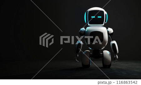 A robot is standing in front of a dark background A robot is standing in front of a dark background 116863542