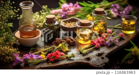 Selection of essential oils, with herbs and flowers in the background 116863963