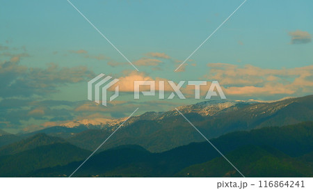Picturesque View Of Hazy Landscape Of Huge Rough Mountains With Green Trees. Timelapse. 116864241