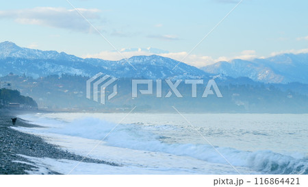 Waves Crashing On The Shore Break On The Pebbles. Water Dust From The Sea. Kobuleti, Adjara, Georgia. 116864421