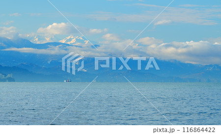 Mountain Slopes With Hotels And Houses. Empty Fishing Ship In Came Out Into The Bay. Georgia. 116864422