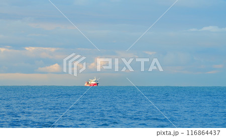 Fishing Boat On Sea. Fishing Ship In Sea. Small Boat Float. Static View. 116864437