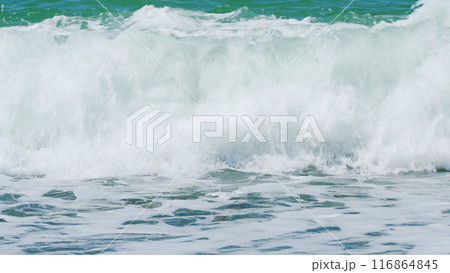 Element Of Nature. White Wave Bubble Hits Fine Beach. Cinematic Relaxing Background. Real time. 116864845