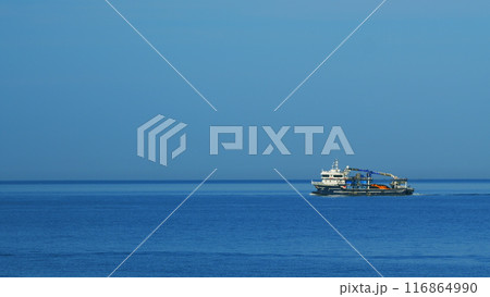 Fishing Ship On The Black Sea. Fishing Boat Trawler Ship Sailing On Sea. Still. Fishing Ship On The Black Sea. Fishing Boat Trawler Ship Sailing On Sea. Still. 116864990