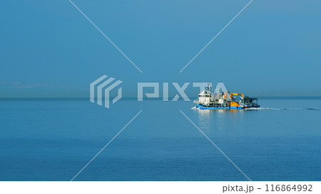 Fishing Boat Goes To Fish. Fishing Vessel Equipped With A Trawl Catches Fish. Still. 116864992