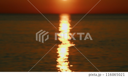 Yellow Orange Sun And Amazing Sea. Big Beautiful Ray Is Reflected On Surface Of Water. Slow motion. Yellow Orange Sun And Amazing Sea. Big Beautiful Ray Is Reflected On Surface Of Water. Slow motion. 116865021