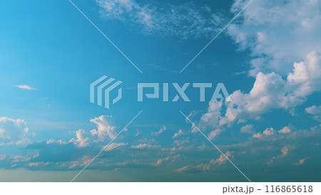 Cirrocumulus with ray light effects. Morning sunset blue sky with wispy smoke cirrocumulus. 116865618