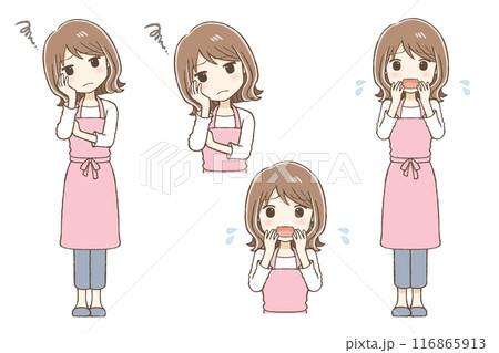 エプロンを着た女性が悩んだり焦ったりしている 116865913