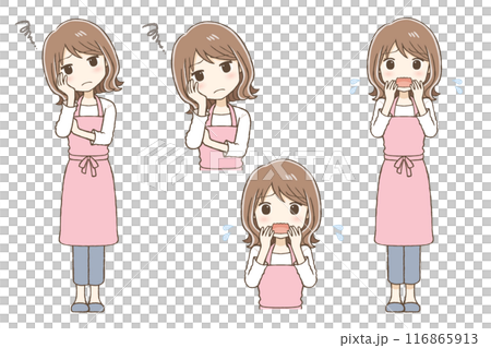 エプロンを着た女性が悩んだり焦ったりしている 116865913