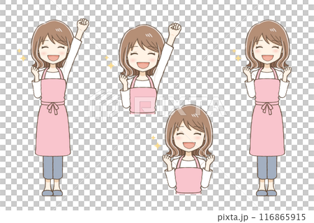 A woman wearing an apron is posing with enthusiasm 116865915