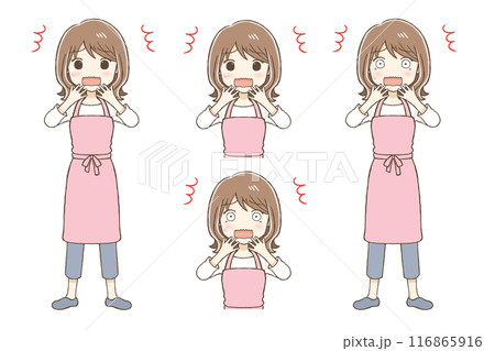 エプロンを着た女性が驚いた表情をする エプロンを着た女性が驚いた表情をする 116865916
