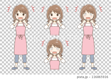エプロンを着た女性が驚いた表情をする エプロンを着た女性が驚いた表情をする 116865916