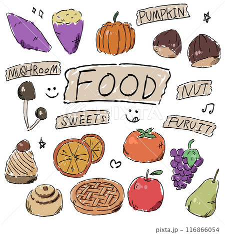 秋を彩る、食べ物のセットのおしゃれな手描きイラスト 116866054