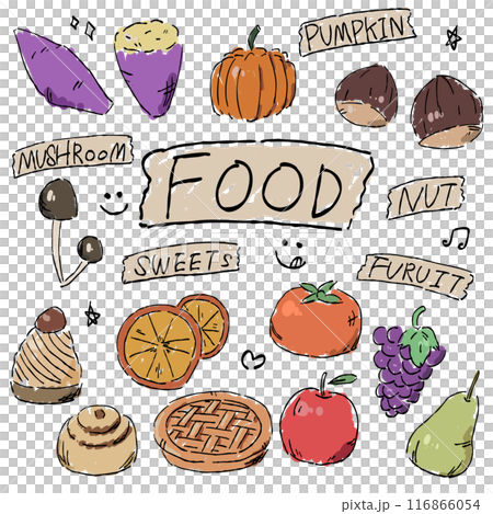 秋を彩る、食べ物のセットのおしゃれな手描きイラスト 116866054