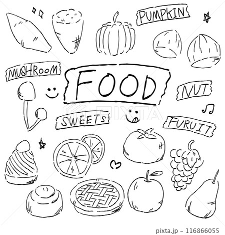 秋を彩る、食べ物のセットのおしゃれな手描きイラスト　線画のみ 116866055