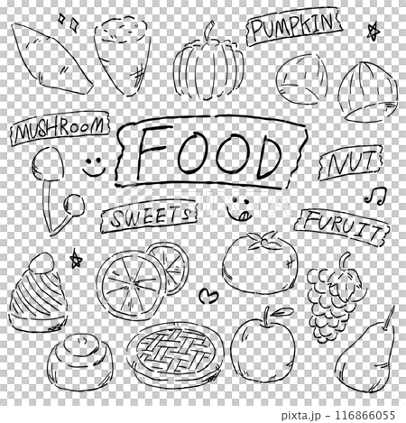秋を彩る、食べ物のセットのおしゃれな手描きイラスト　線画のみ 116866055