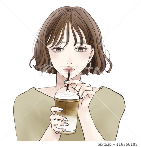 カフェラテを飲む可愛い女性　水彩画 116866185