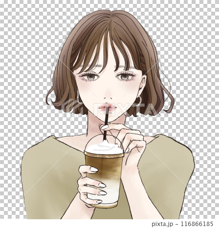 Cute woman drinking cafe latte watercolor painting 116866185